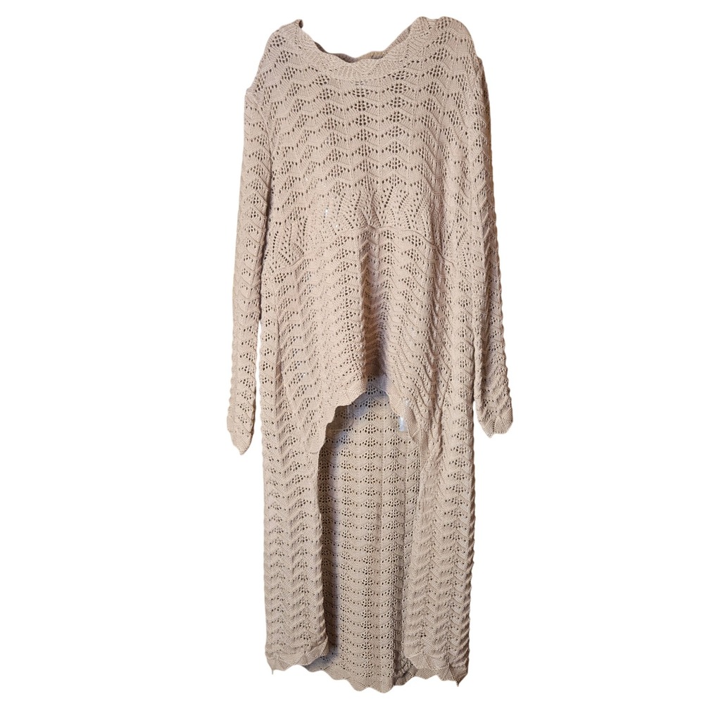 Knit Mix Sweater Womens XL Tan Open Knit High Low Pointelle Longline Pullover